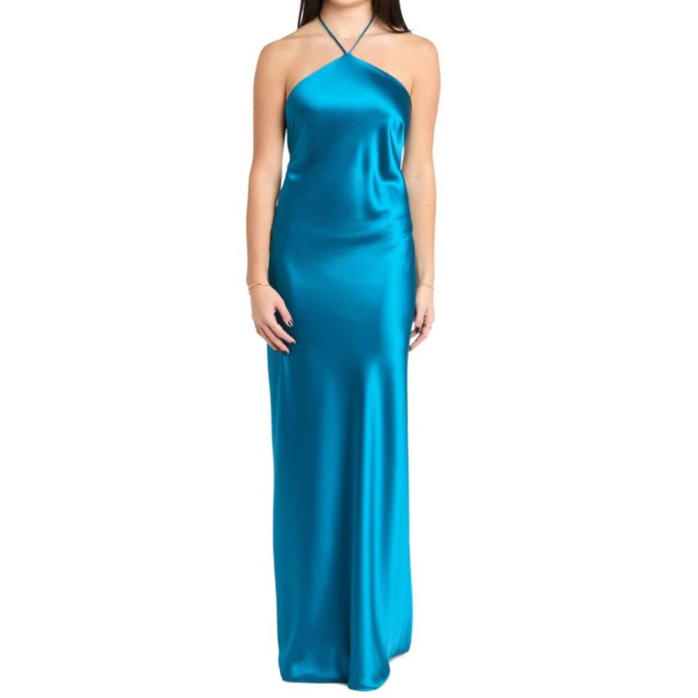 Morgan and CO. Lucia High Neck Satin Gown Size XL Halter Dress Teal Formal Prom